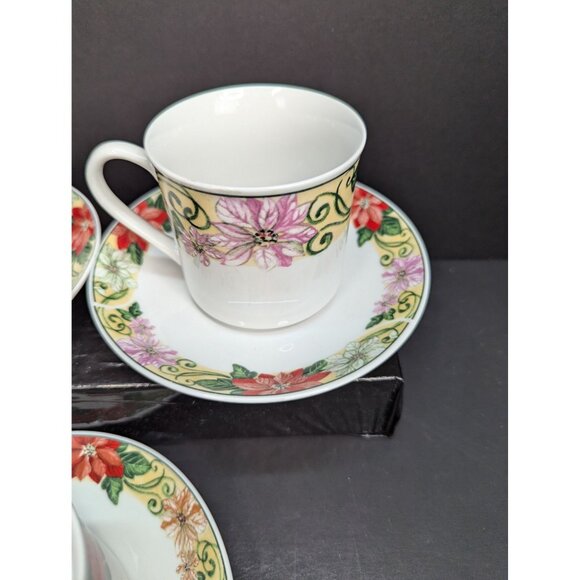 Home Essentials Stoneware Poinsettia Scroll Flat Cup and Saucer Sets Lot of 3 - Picture 6 of 9